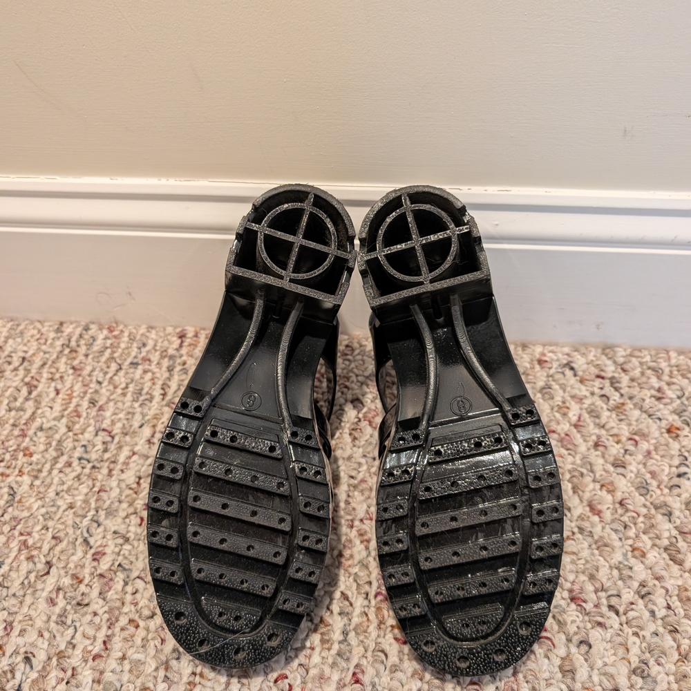 Black Patent Jelly Sandals - Women's Strappy Block Heel - Picture 4 of 5